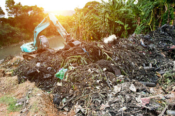 Water pollution in river with trash.