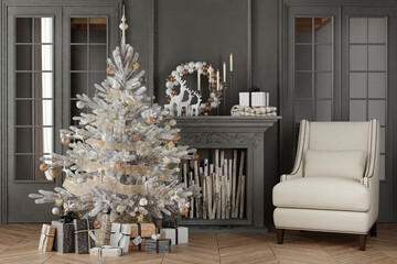 New year tree in scandinavian style interior with christmas decoration and fireplace	
