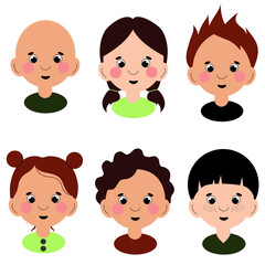 set of children's portraits of boys and girls with different hairstyles