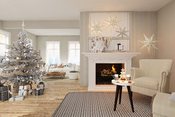 New year tree in scandinavian style interior with christmas decoration and fireplace	