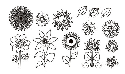 Set of sunflowers in the doodle style.