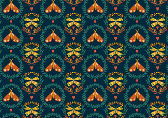 Seamless pattern with wreaths and lunar moths in green and orange colors.