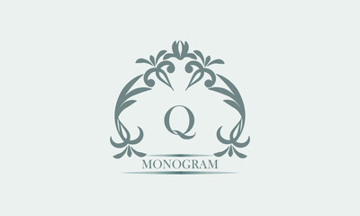 Graceful monogram in gray tones with the inscription and the letter Q. Exquisite sign, logo of a restaurant, boutique, hotel, business