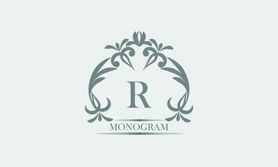 Graceful monogram in gray tones with the inscription and the letter R. Exquisite sign, logo of a restaurant, boutique, hotel, business