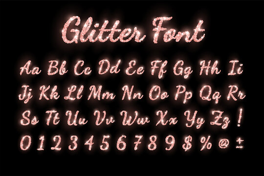 Rose gold glitter shiny holiday font with glow lights on black background. Vector