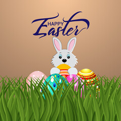 Happy easter day celebration greeting card with creative green grass with easter bunny