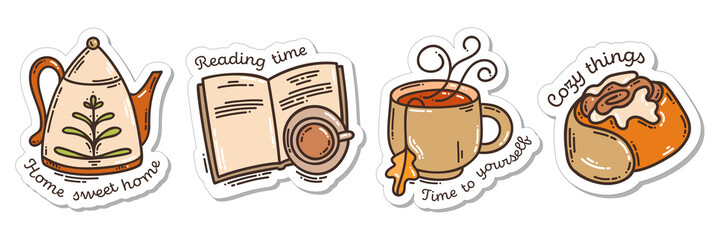 Colorful hand-drawn autumn hygge stickers set with teapot, a cup of tea, book, and a cinnamon bun in doodle style isolated on white background. Cute vector collection for seasonal decoration.