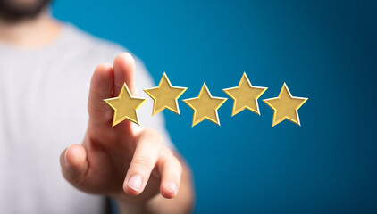 Customer hand touching to yellow illustration 5 stars virtual screening monitor for satisfaction...