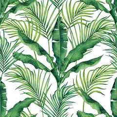 Behang Botanische print Aquarel schilderij boom banaan, kokos verlaat naadloze patroon achtergrond. Aquarel hand getekende illustratie tropische exotische blad wordt afgedrukt voor behang, textiel Hawaii aloha jungle patroon