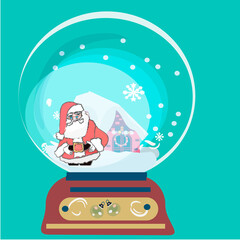 christmas card with santa claus, snow globe, winter illustration