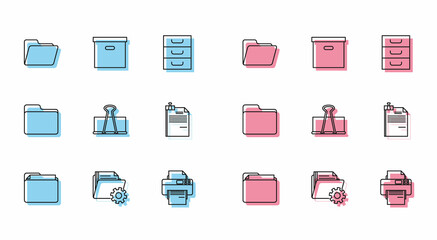 Set line Document folder, Folder settings with gears, Printer, Binder clip, File document and binder, and Carton cardboard box icon. Vector