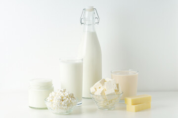Different milk products: milk, cheese and yoghurt	