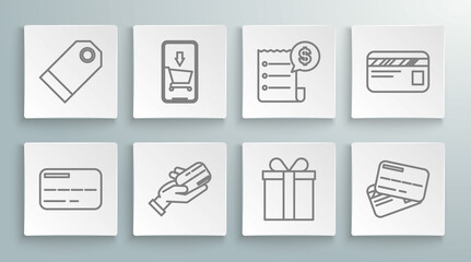 Set line Credit card, Mobile phone and shopping cart, Human hand holding with credit, Gift box, Paper check financial check, and Blank label template price tag icon. Vector