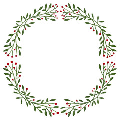 Fototapeta na wymiar Watercolor illustration of a Christmas wreath with holly berries with place for text on a white background. Beautiful holly frame for your festive design.