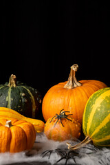 Close-up of orange and green halloween pumpkins on table with spider web, selective focus, black background, vertical