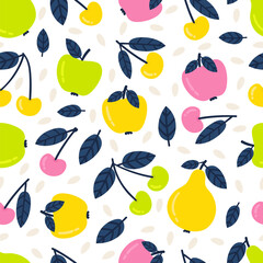 Seamless pattern with cartoon fruit. Juicy pears, cherries and apples. Fruit isolated on white background