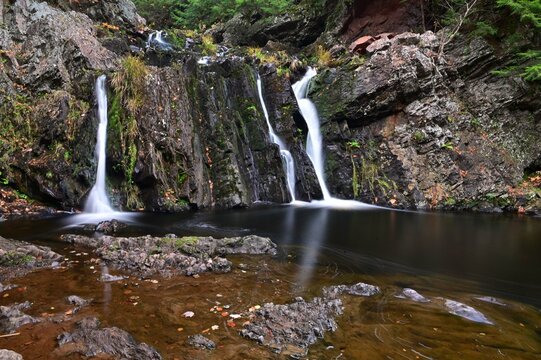 Waterfall in the mountains. Victoria Park. Waterfall in Nova Scotia. Canada