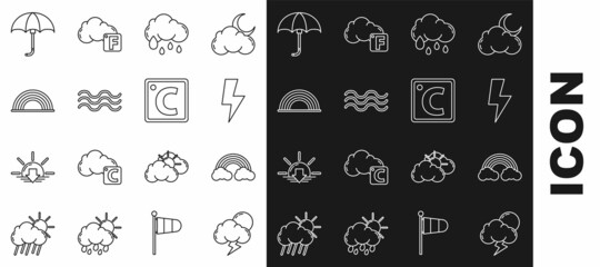Set line Storm, Rainbow with clouds, Lightning bolt, Cloud rain, Waves, Classic elegant opened umbrella and Celsius icon. Vector