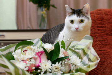 A cat and a bouquet of flowers.