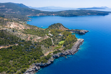 Aerial drone photo of iconic paradise sandy beach of Agiofili near port of Vasiliki. Lefkada island, Ionian, Greece