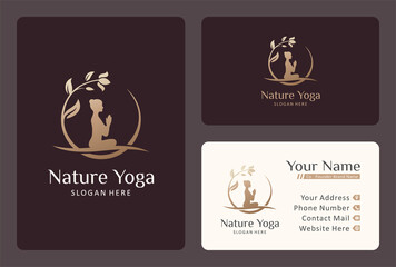 Fototapeta na wymiar women yoga logo design combine with flower branch.