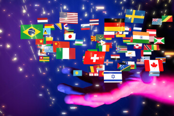 Connection lines Around map with all country flags, Futuristic Technology