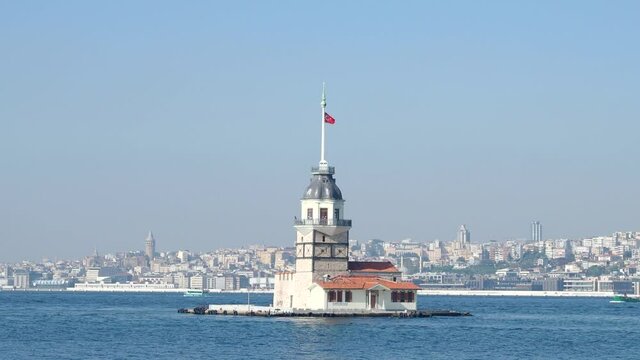 View of the Maiden's Tower or Leander's Tower also known as Kız Kulesi. Sunny summer day in Istanbul. Panorama of Bosporus, Turkey