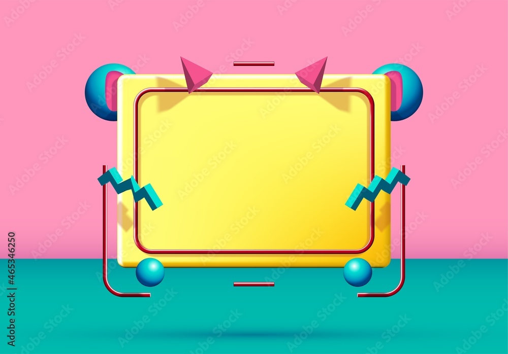 Aufkleber Abstract 90s styled frame with flying 3d objects and shapes. Pink and green background.