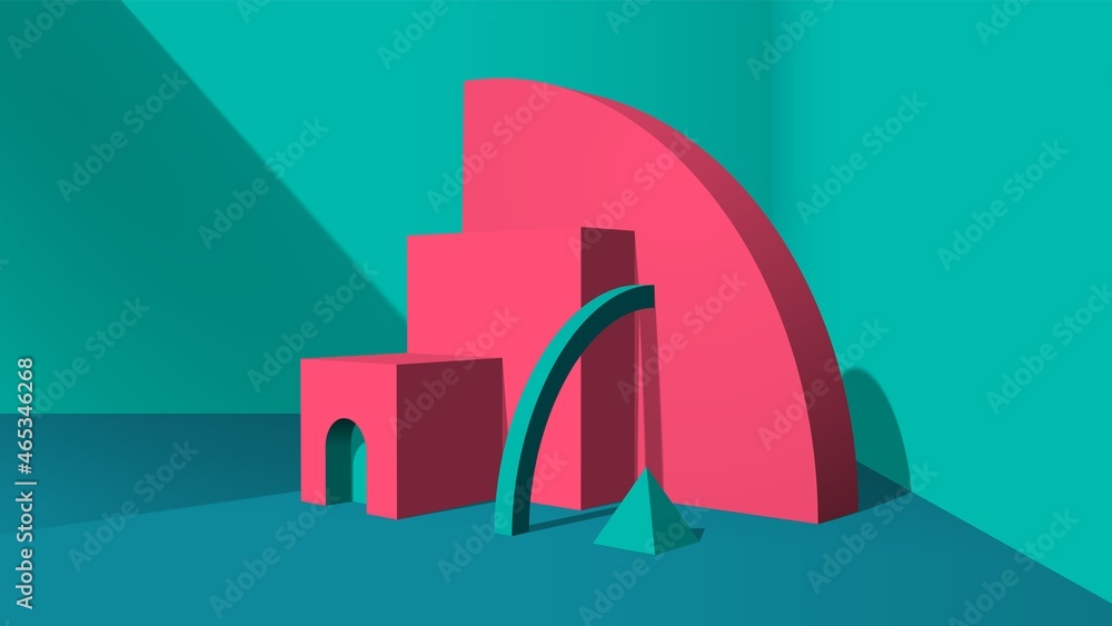 Poster Abstract pink 3D objects or elements installation in the green room for a booklet of banner.