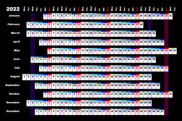Black linear calendar 2022 with days and months color coding.