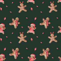 Watercolor seamless pattern from hand painted illustration of brown gingerbread cookies of little man on dark green background. Design print for Christmas, New Year, winter packaging paper, textile