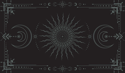 Vector mystical dark boho background with ornate outline geometric frame, moon phases, sun with concentric circles, crescents and stars. Occult linear banner with magical symbols stylized as engraving