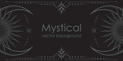 Dark boho background with a copy space. Mystical poster with an ornate geometric frame, outline crescents, linear sun with concentric circles and moon phases. Magical banner in with a place for text