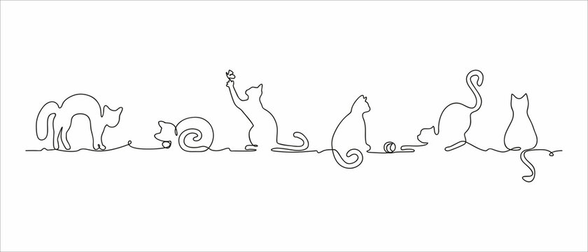 Vector silhouette drawing of cats on one continuous, сan be repeted. White background. Design for pet shop, veterinary clinic or kindergarten. Use for frame or border.