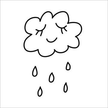 Cute sleepy cloud doodle vector illustration. Hand drawing rainy cloud with cute face.