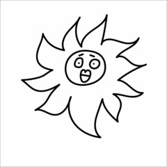Frightened sun doodle illustration. Hand drawing sun with crying face.
