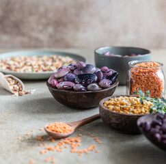 Assortment of beans and lentils on concrete background. The concept of healthy and nutritious food. Vegan high protein product.