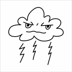Angry lightning cloud doodle vector illustration. Hand drawing thunderstorm cloud with grumpy face.