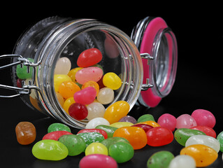 glass jar of colorful jelly beans spilled onto black background