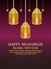 Realistic islamic lantern of happy muharram celebration greeting card