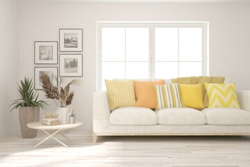 Fototapeta na wymiar White living room with yellow sofa. Scandinavian interior design. 3D illustration