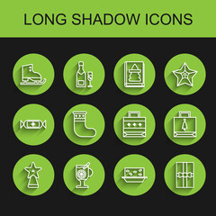 Set line Christmas star, Mulled wine with glass of drink, Figure skates, Nougat nuts, Gift box, stocking, paper shopping bag and icon. Vector