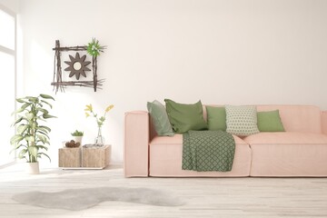 White living room with pink sofa. Scandinavian interior design. 3D illustration