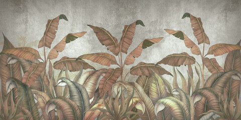 Tropical leaves on a gray background. Photo wallpaper with leaves. Fresco for the interior. Wall decor in grunge style. Painted leaves. Photo wallpapers 3d.