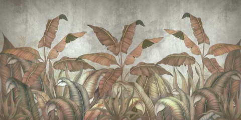 Poster Im Rahmen Tropical leaves on a gray background. Photo wallpaper with leaves. Fresco for the interior. Wall decor in grunge style. Painted leaves. Photo wallpapers 3d. © antura