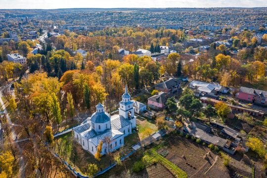 Aerial view to Blagoveschenskaya Orthodox Church in Trostyanets