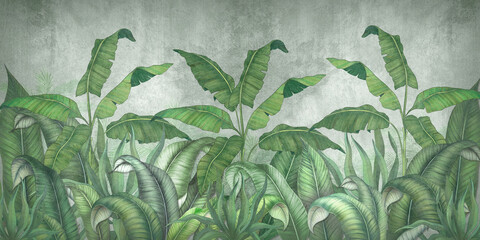 Tropical leaves on a gray background. Photo wallpaper with leaves. Fresco for the interior. Wall decor in grunge style. Painted green leaves. Photo wallpapers 3d. - obrazy, fototapety, plakaty