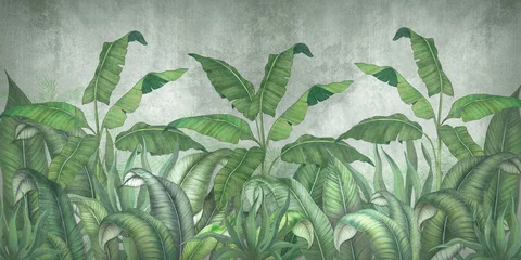  Tropical leaves on a gray background. Photo wallpaper with leaves. Fresco for the interior. Wall decor in grunge style. Painted green leaves. Photo wallpapers 3d. © antura
