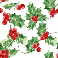 Evergreen branches with holly berries. Christmas, botanical watercolor illustration.
