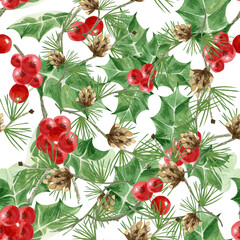 Evergreen branches with holly berries. Christmas, botanical watercolor illustration.